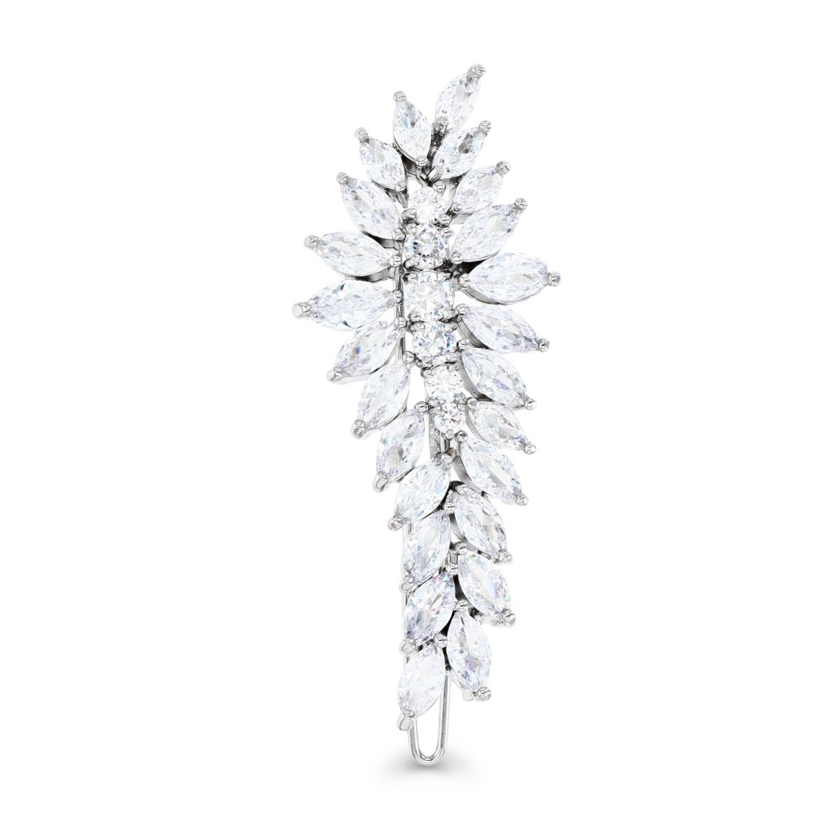 Brass Silver Plated & White CZ Leaf Shaped Bridal Barrette