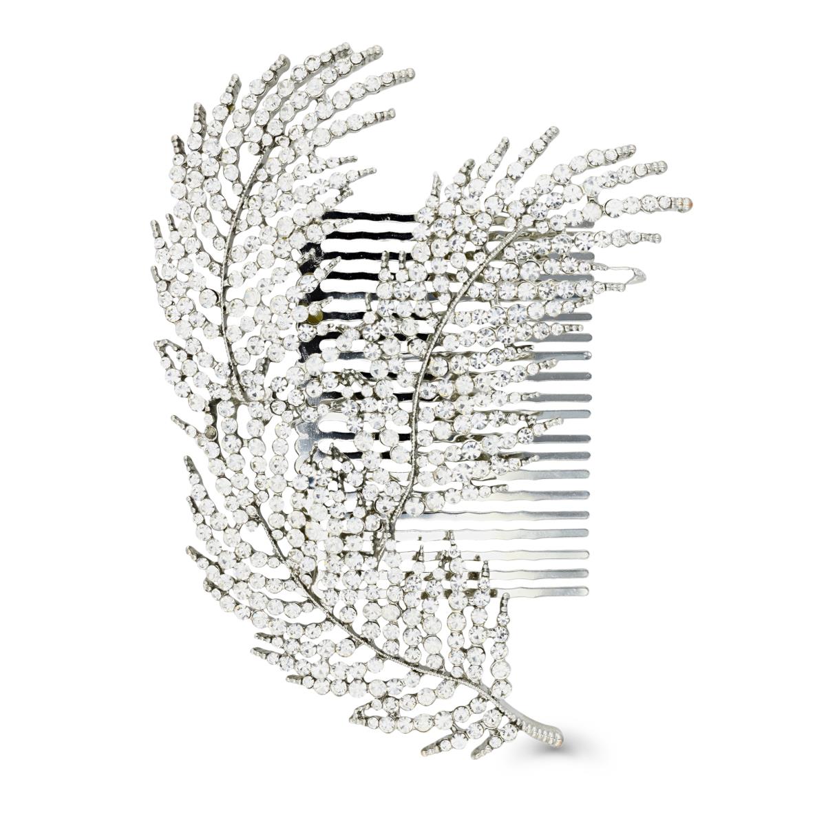 Brass Silver Plated & White CZ Leaf Bridal Hair Comb