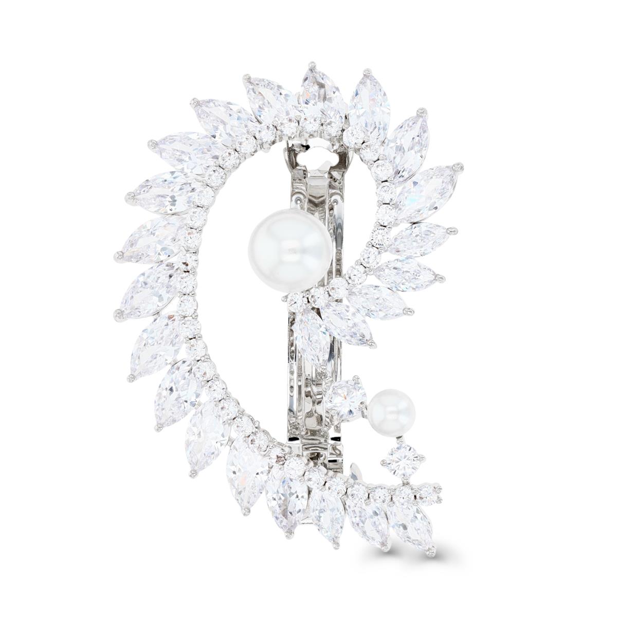 Brass Silver Plated & White CZ and Pearl Hair Barrette