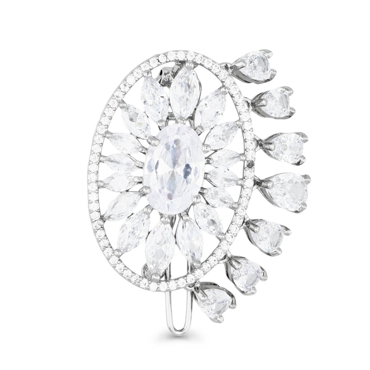 Brass Silver Plated & White CZ Oval Floral Bridal Hair Barrette
