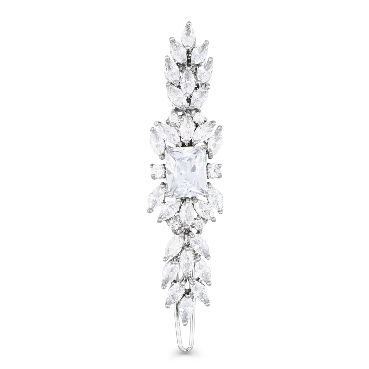 Brass Silver Plated & White CZ Floral Bridal Hair Barrette