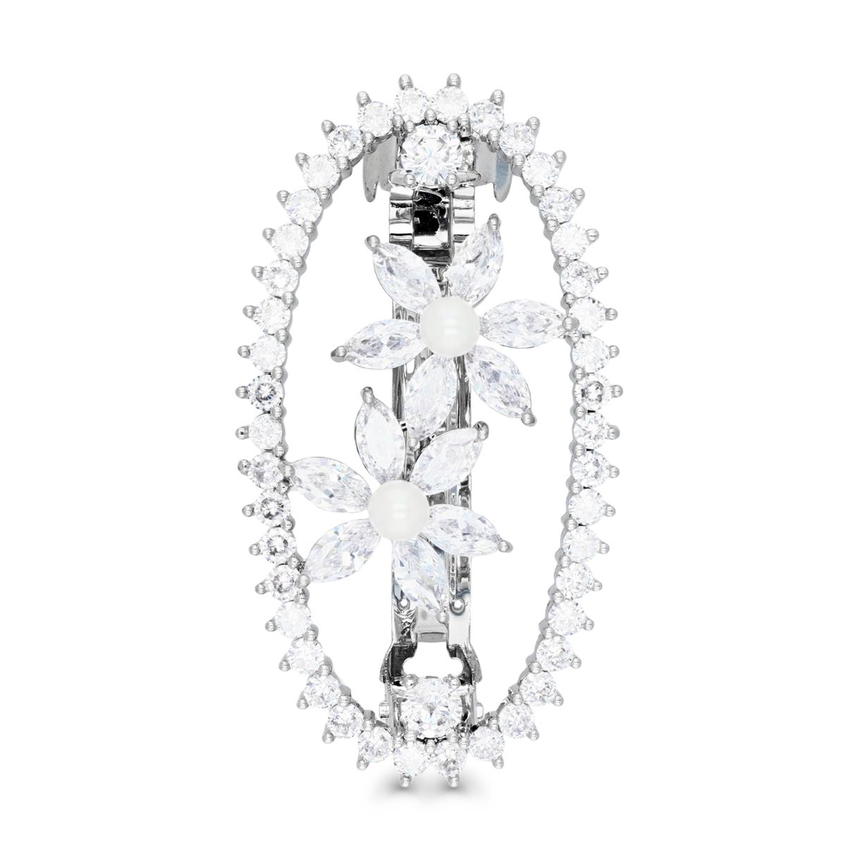 Brass Silver Plated & White CZ and Pearl Flowers Oval Bridal Hair Barrette