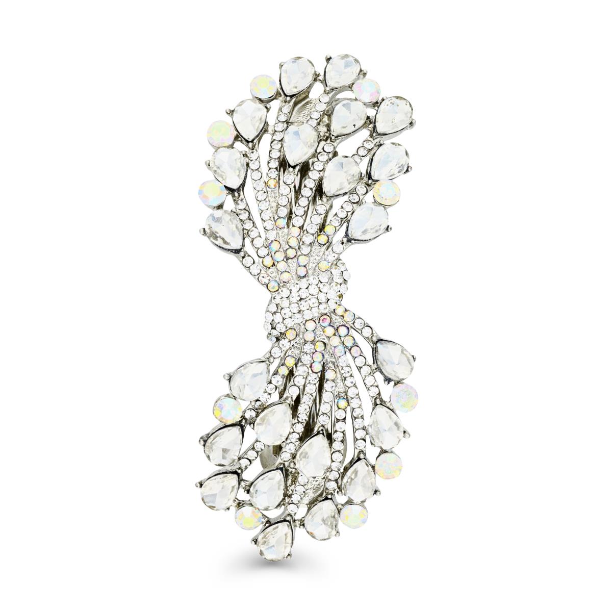 Brass Silver Plated & White CZ and Crystal Bow Bridal Hair Barrette