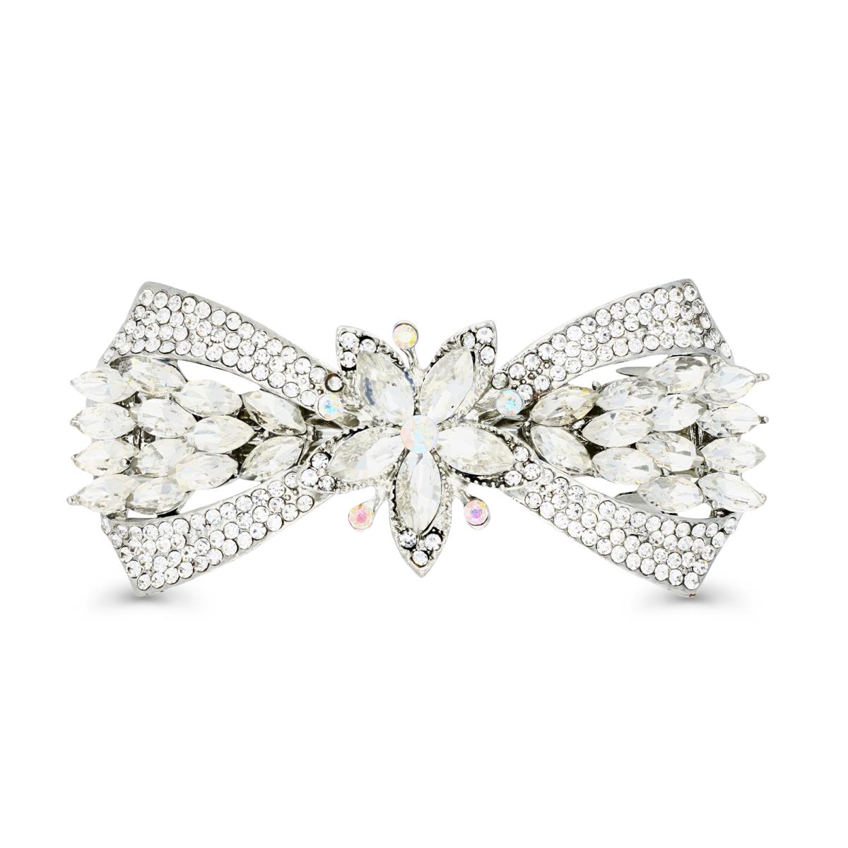 Brass Silver Plated & White CZ and Crystal Floral Bow Bridal Hair Barrette