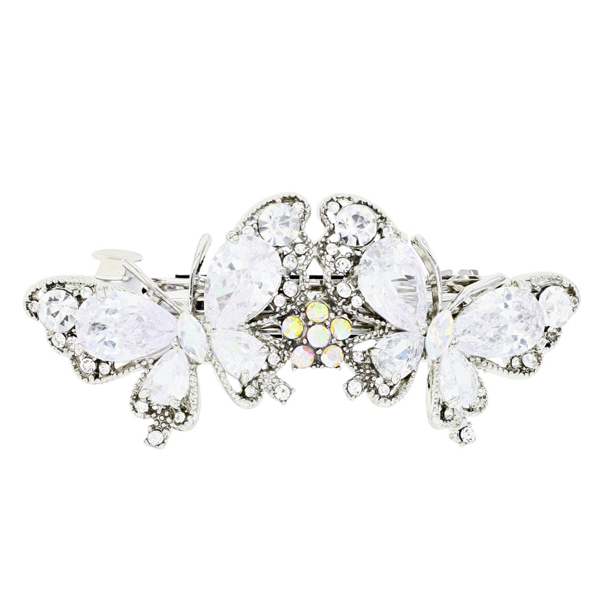 Brass Silver Plated & White CZ and Crystal Butterflies Bridal Hair Barrette