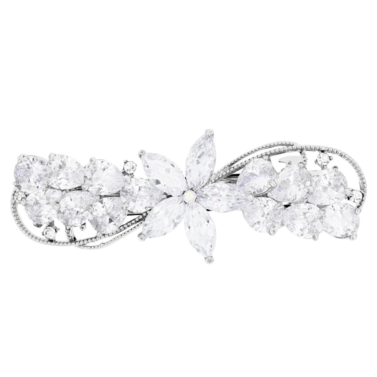 Brass Silver Plated & White CZ and Crystal Flower Bridal Hair Barrette