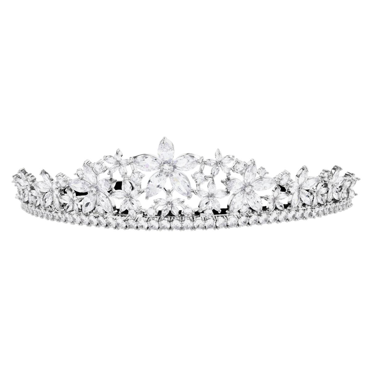 Brass Silver Plated & White CZ Flower Design Bridal Tiara