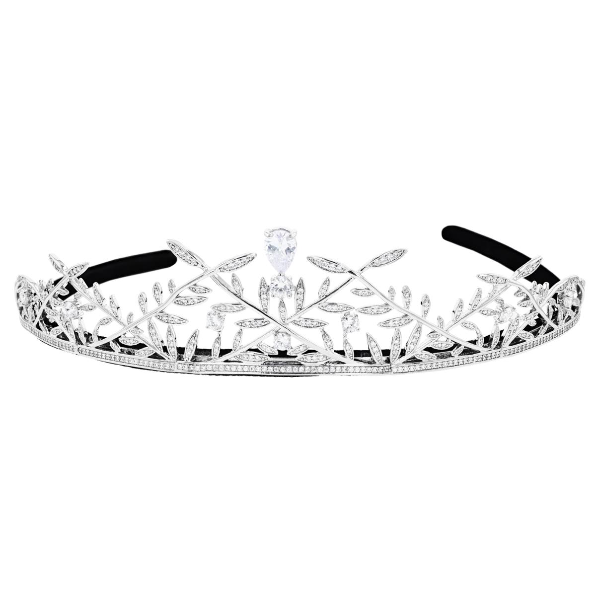 Brass Silver Plated & White CZ Leaf Flower Vines Bridal Tiara