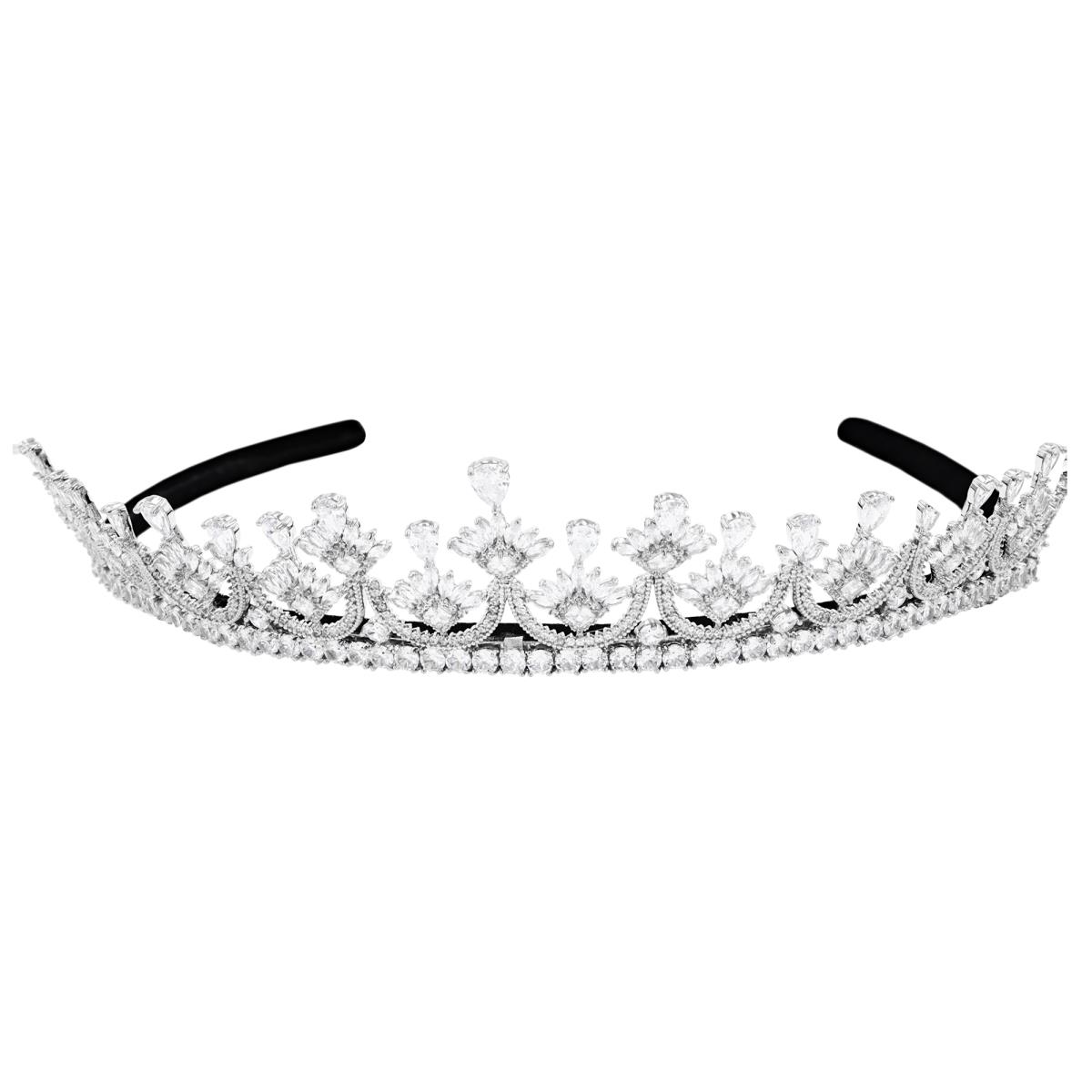 Brass Silver Plated & White CZ Arches w/Droplets Bridal Tiara