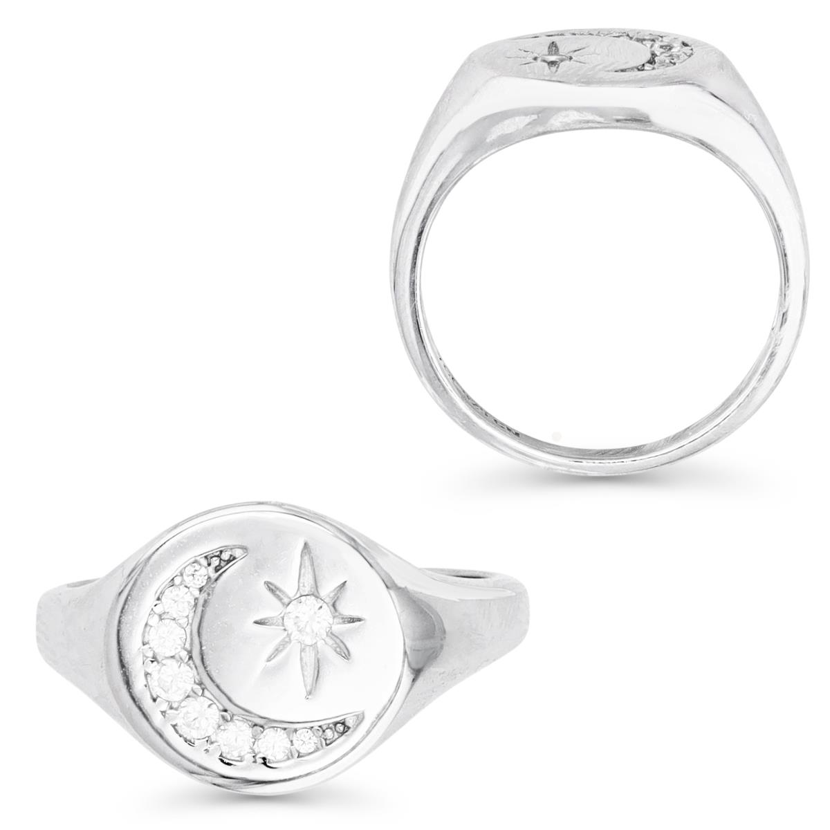 Sterling Silver Rhodium 12MM White CZ Moon & Star Signet Ring 