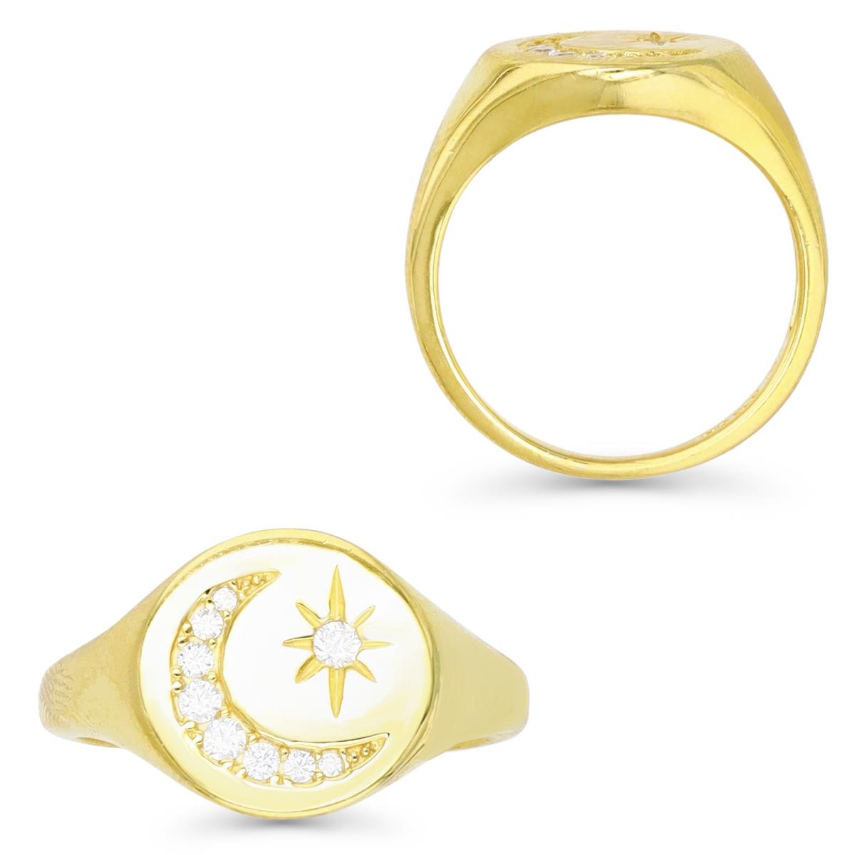 Sterling Silver Yellow 12MM White CZ Moon & Star Signet Ring 