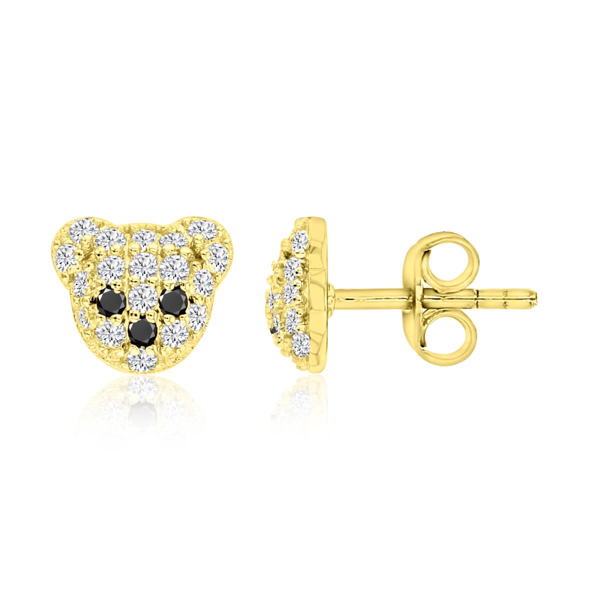 Sterling Silver Yellow & Rd Black/White CZ Pave Little Bear Studs