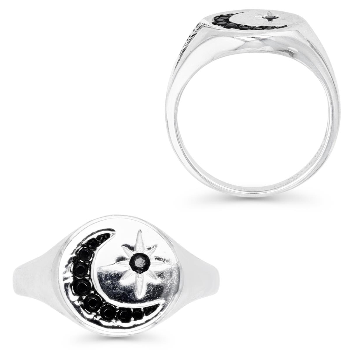 Sterling Silver Rhodium & Black 12MM Black Spinel Moon & Star Signet Ring 