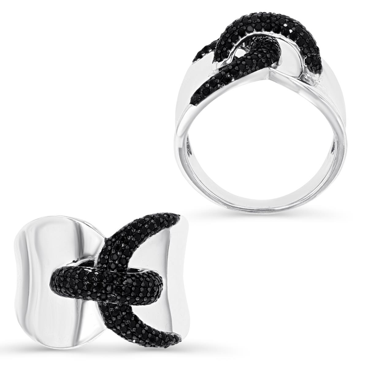 Sterling Silver Rhodium 15MM Polished Black Spinel Buckle Ring