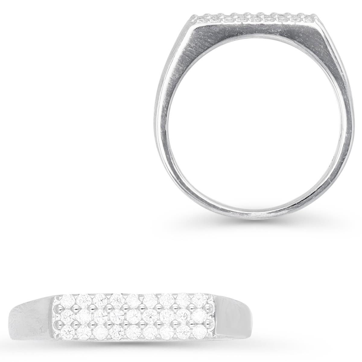 Sterling Silver Rhodium 4MM White CZ Double Row Pave Bar Ring