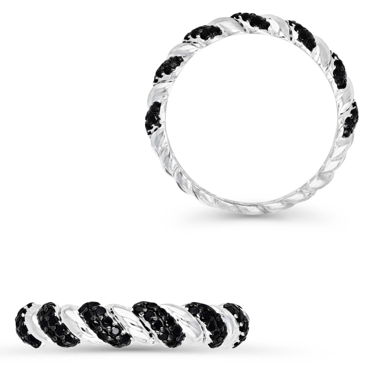 Sterling Silver Rhodium 4MM Polished Black Spinel Twisted Ring