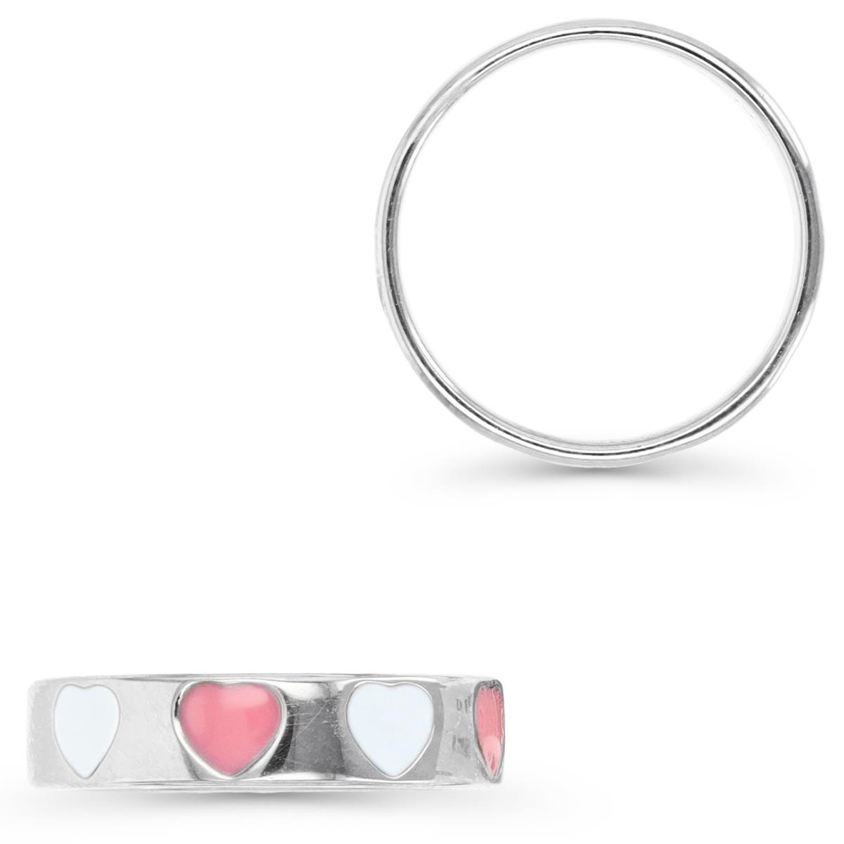 Sterling Silver Rhodium 4.5MM Pink & White Enamel Hearts  Band Ring