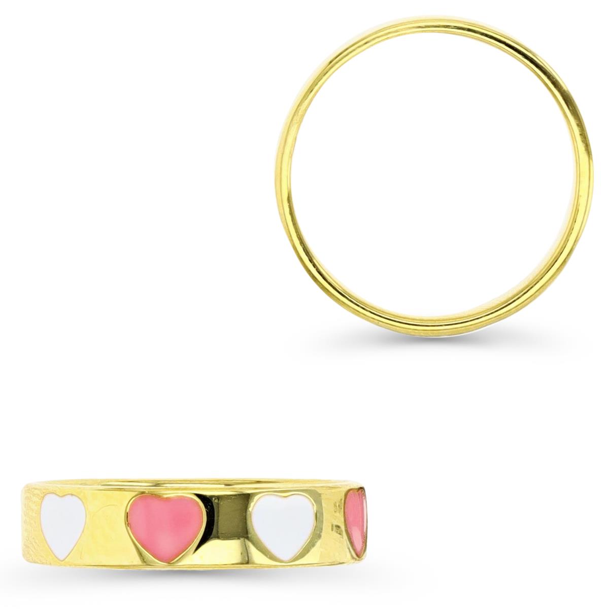 Sterling Silver Yellow 4.5MM Pink & White Enamel Hearts  Band Ring