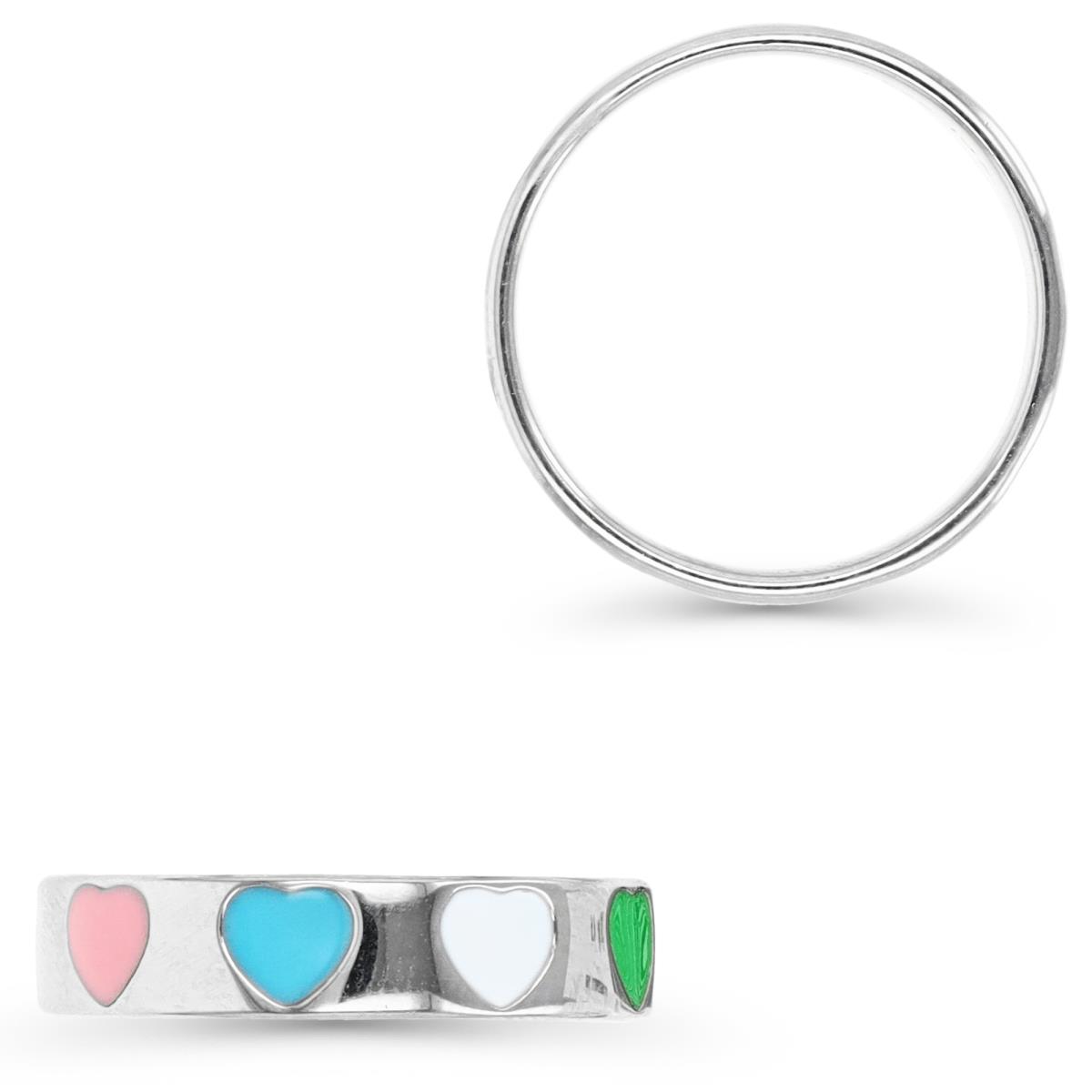 Sterling Silver Rhodium 4.5MM Multicolor Enamel Hearts  Band Ring