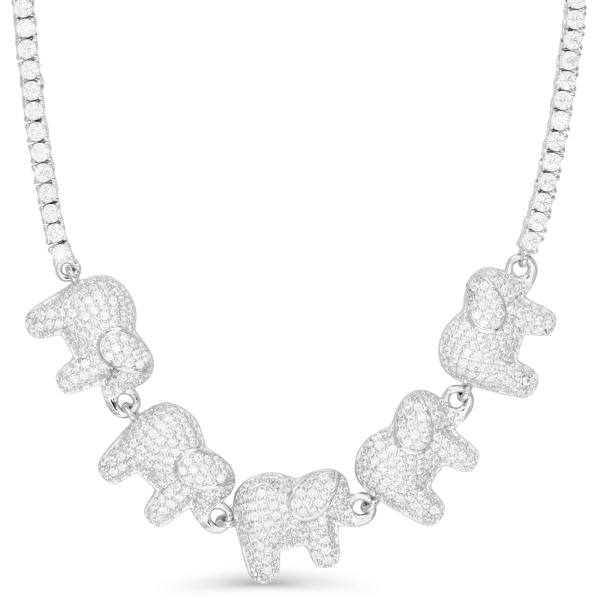 Sterling Silver Rhodium & White CZ 5 Elephants Half Tennis 18+2" Necklace