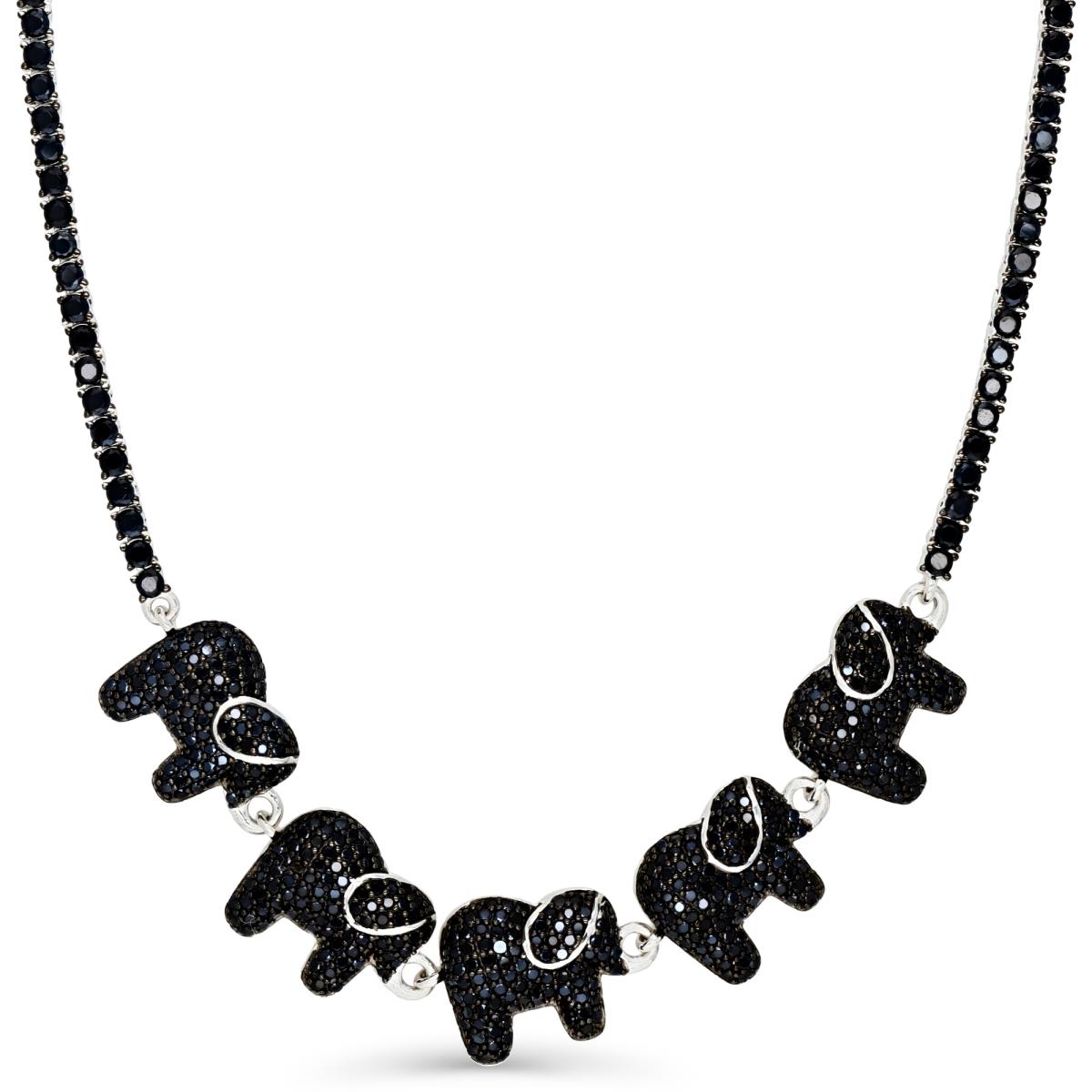 Sterling Silver Black and Rhodium & Black Spinel 5 Elephants Half Tennis 18+2" Necklace
