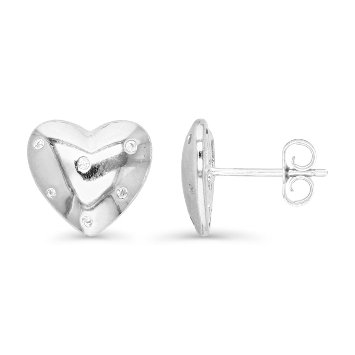Sterling Silver Rhodium & White CZ 12MM Polished Heart Stud Earring