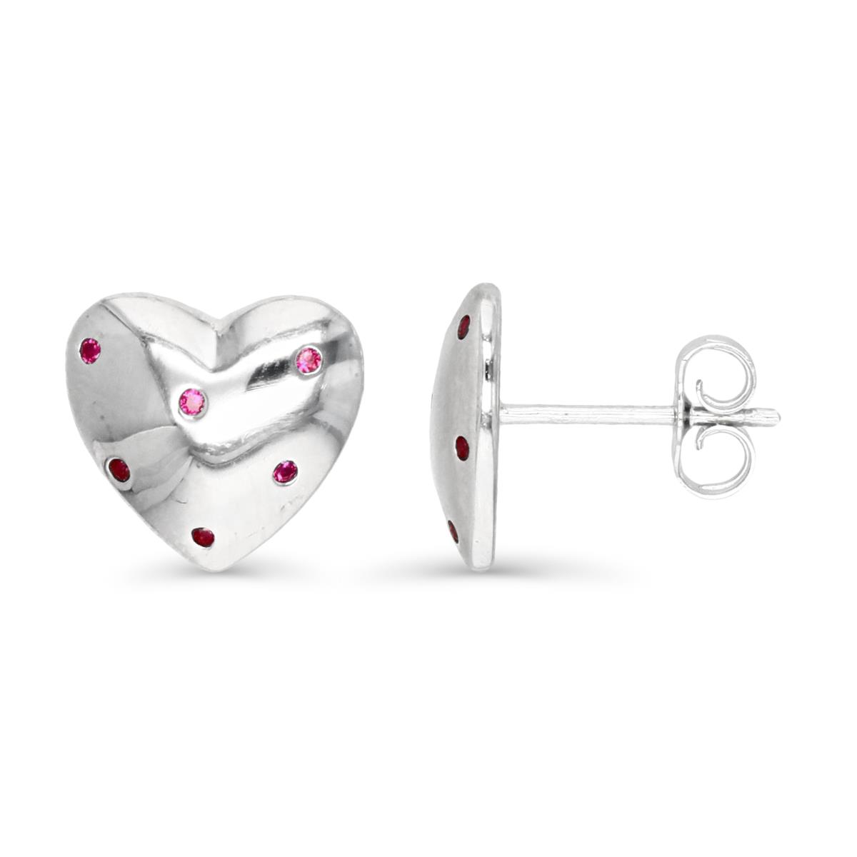 Sterling Silver Rhodium & Cr. Ruby #8 12MM Polished Heart Stud Earring