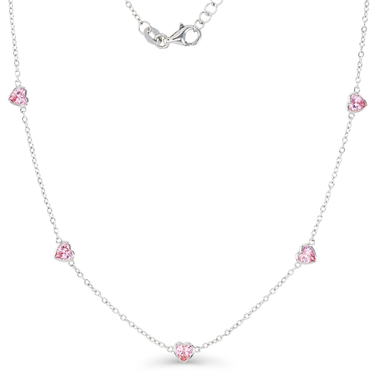 Sterling Silver Rhodium & 4MM HE Ct. Bezel Set Pink CZ Hearts Station 16+2" Necklace