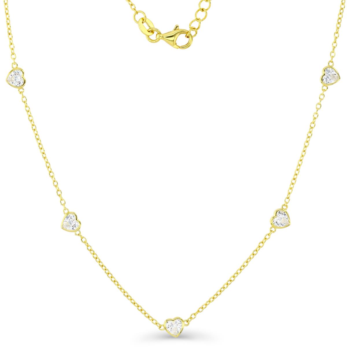 Sterling Silver Yellow 1K & 4MM HE Ct. Bezel Set White CZ Hearts Station 16+2" Necklace