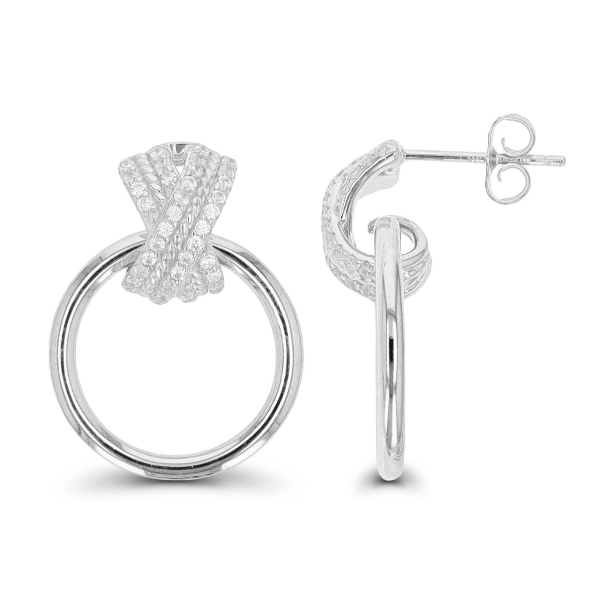 Sterling Silver Rhodium .75M 26X19MM Polished White CZ Pave Criss Cross Dangling Circle Earring
