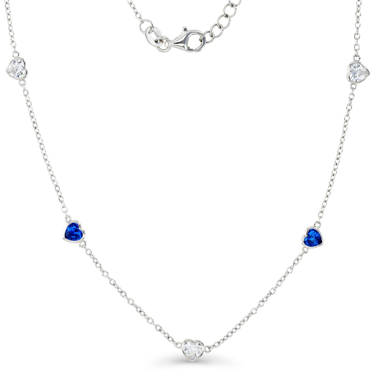 Sterling Silver Rhodium & 4MM HE Ct. Bezel Set White CZ and Cr. Spinel #113 Hearts Station 16+2" Necklace