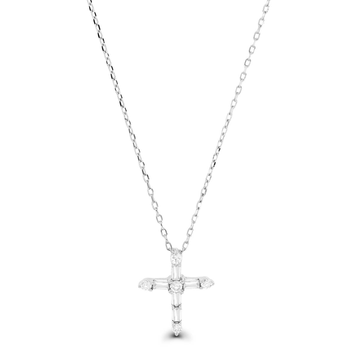 Sterling Silver Rhodium 15X12MM Polished Rd & ST Baguette White CZ Dangling Cross 13''+2'' Necklace