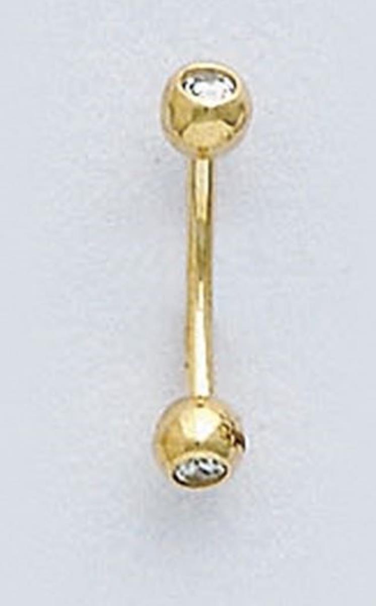 14K Yellow Gold 16G Curved EyeBrow Barbell with Cubic Zirconia