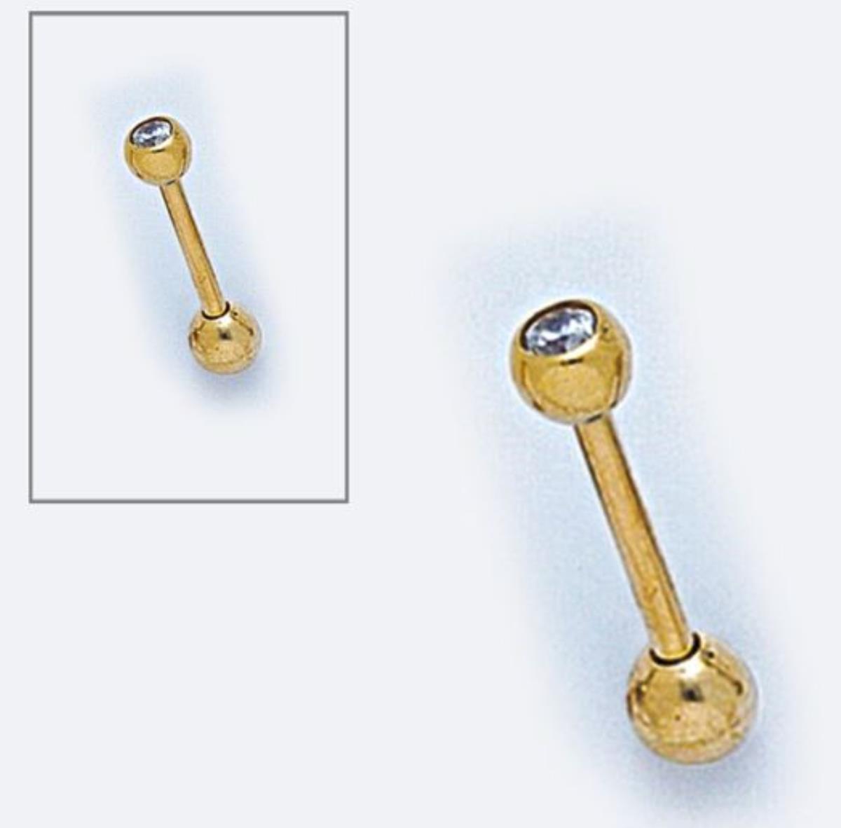 14K Yellow Gold 14G Tongue Barbell with Cubic Zirconia