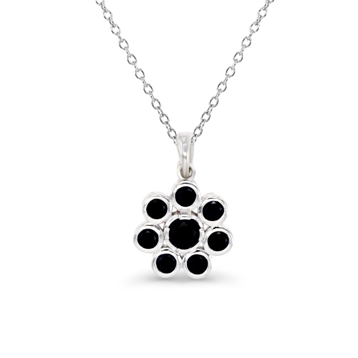 Sterling Silver Rhodium & Black Spinel Bezel Set Flower 18" Necklace