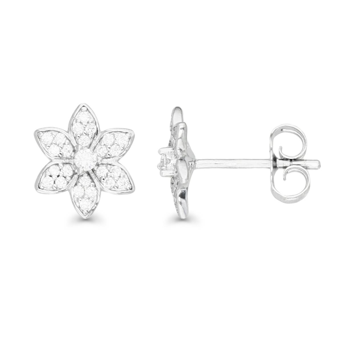 Sterling Silver Rhodium & White CZ Small Flower Stud Earring