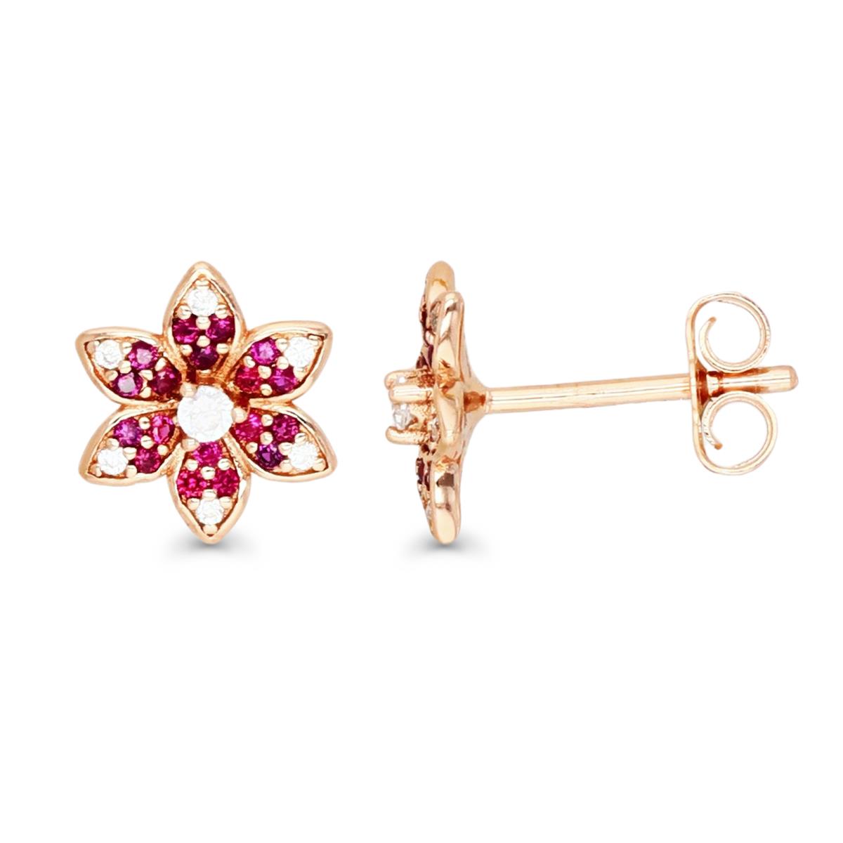 Sterling Silver Rose & Ruby #8 and White CZ Small Flower Stud Earring