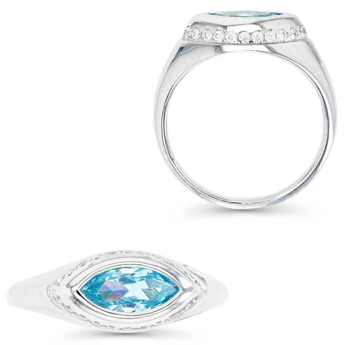 Sterling Silver Rhodium & Marquise Ct. Bezel Set Blue Topaz and White CZ Ring