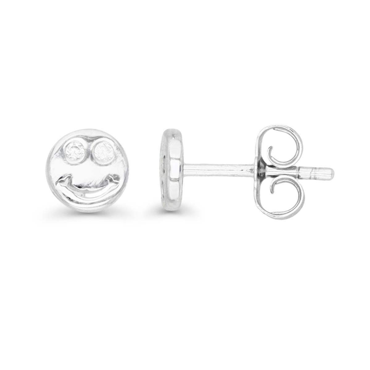 Sterling Silver Rhodium 6MM Polished White CZ Smiley Face Stud Earring