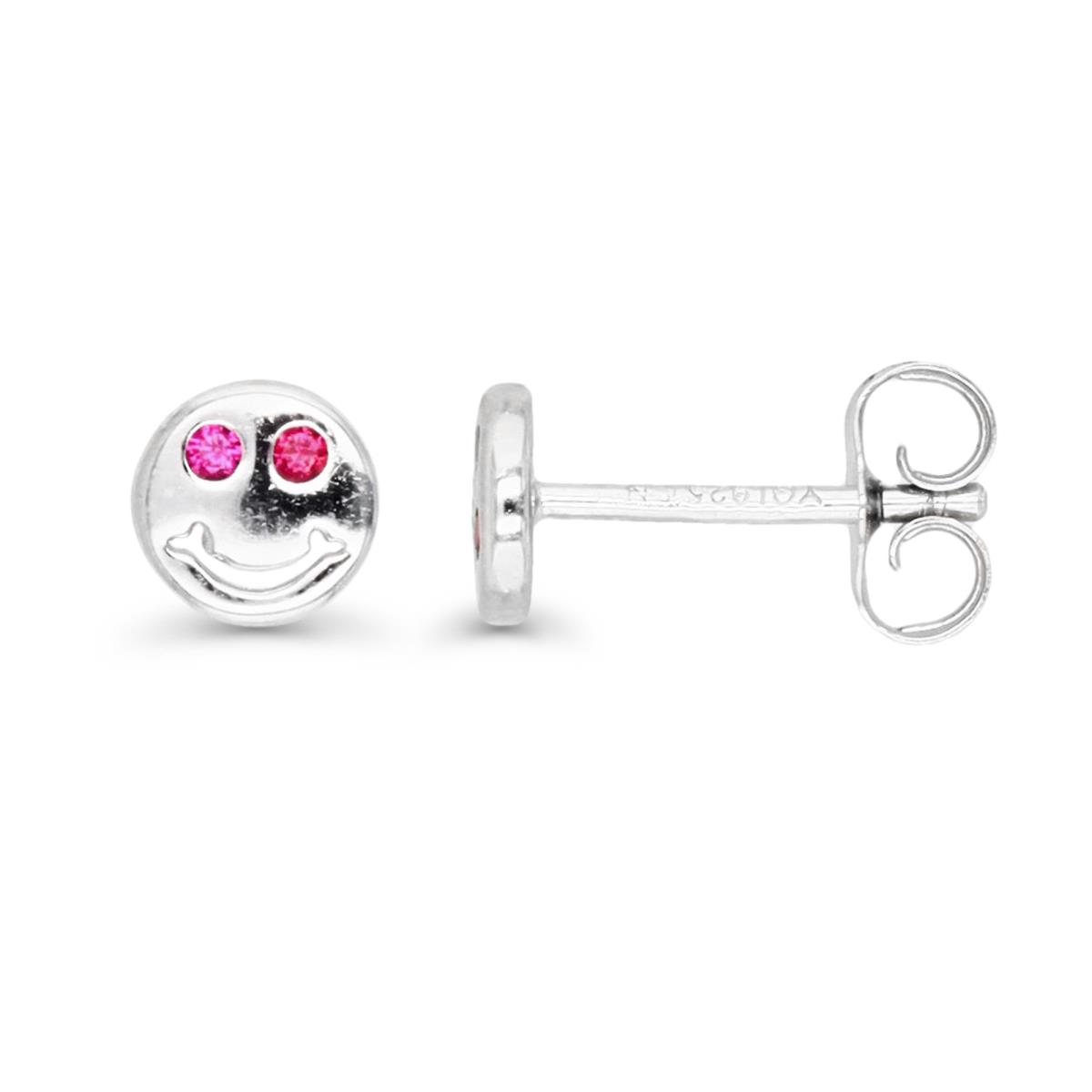 Sterling Silver Rhodium 6MM Polished Cr Ruby #8 Smiley Face Stud Earring