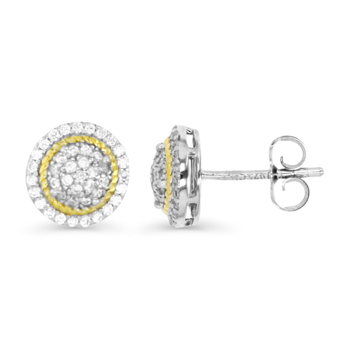Sterling Silver Rhodium & Yellow 9MM White CZ Pave Circle Stud Earring