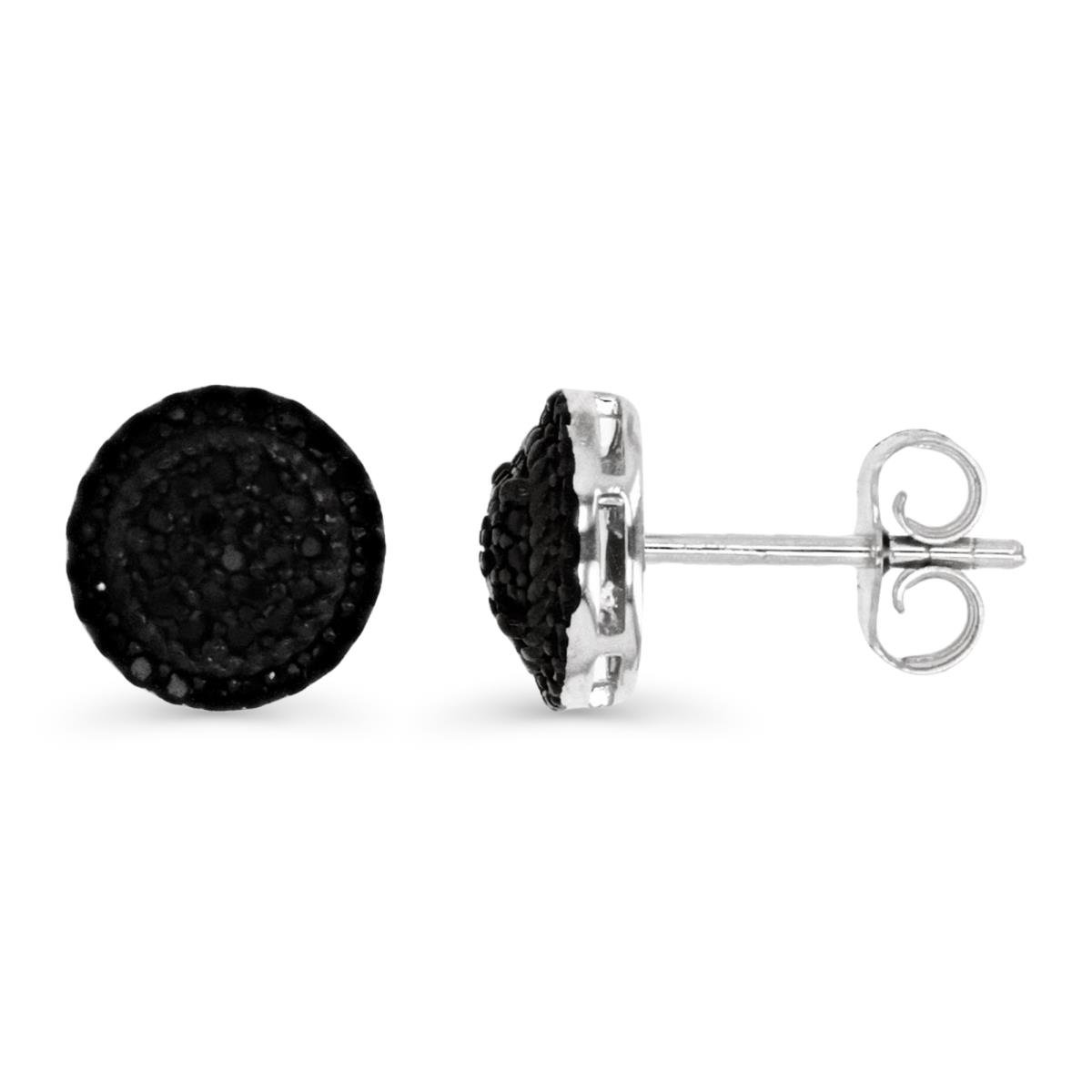 Sterling Silver Rhodium 9MM Black Spinel Pave Circle Stud Earring
