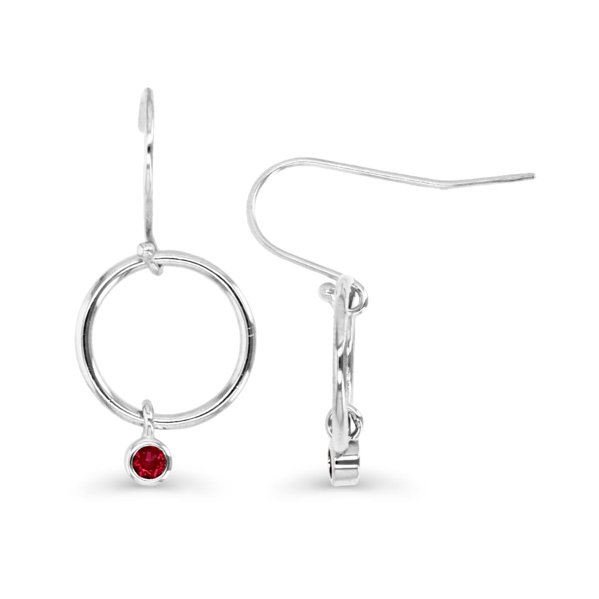 Sterling Silver Rhodium & Bezel Set Ruby #8 Glider Charm Circle Dangle Earring