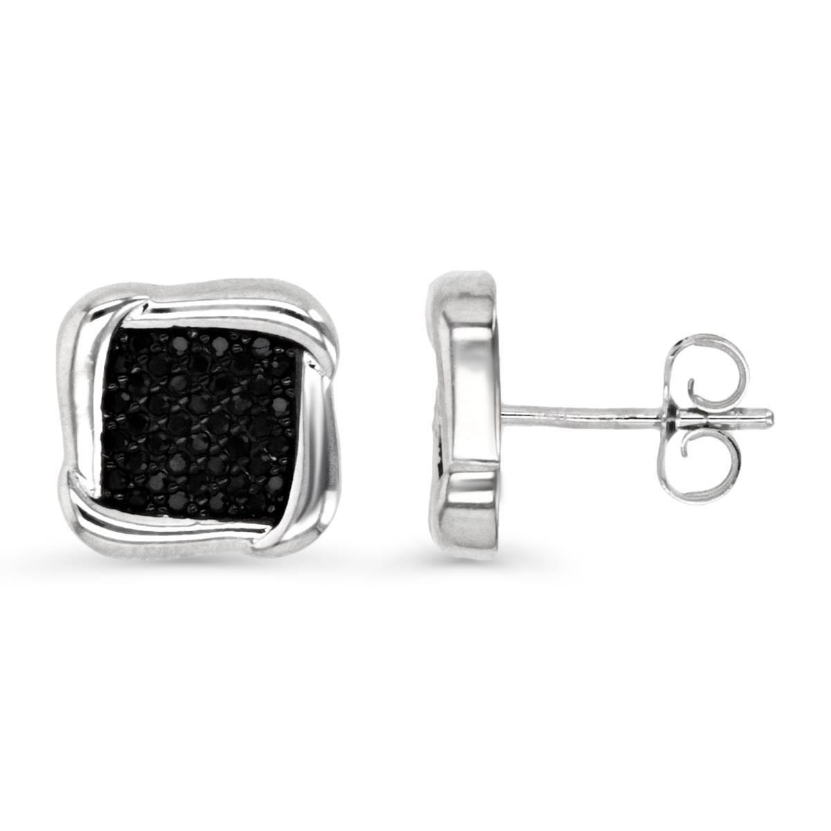 Sterling Silver Rhodium 11MM Polished Black Spinel Pave Square  Stud Earring