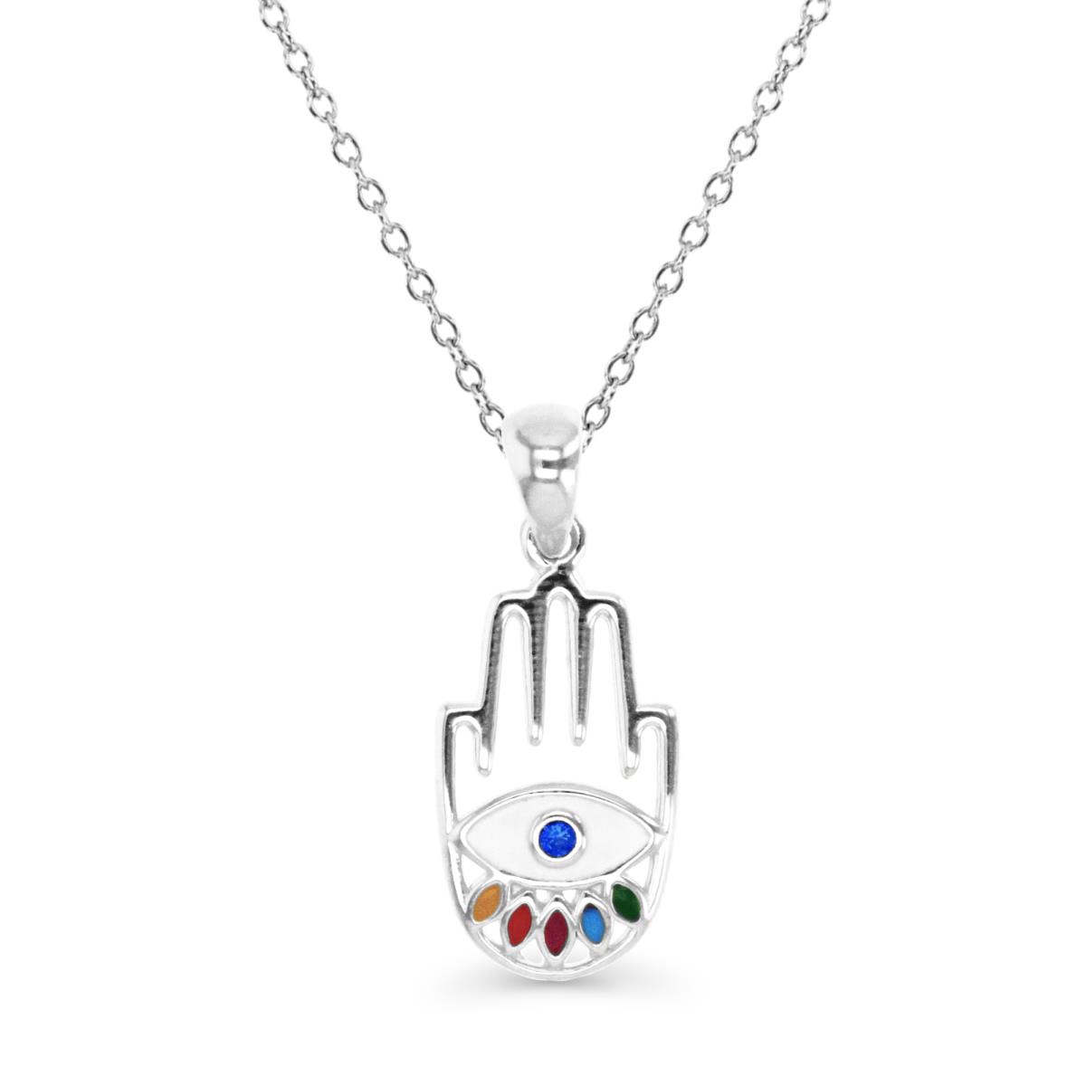 Sterling Silver Rhodium & Blue #113 Multicolor Enamel Hamsa Hand 18" Necklace