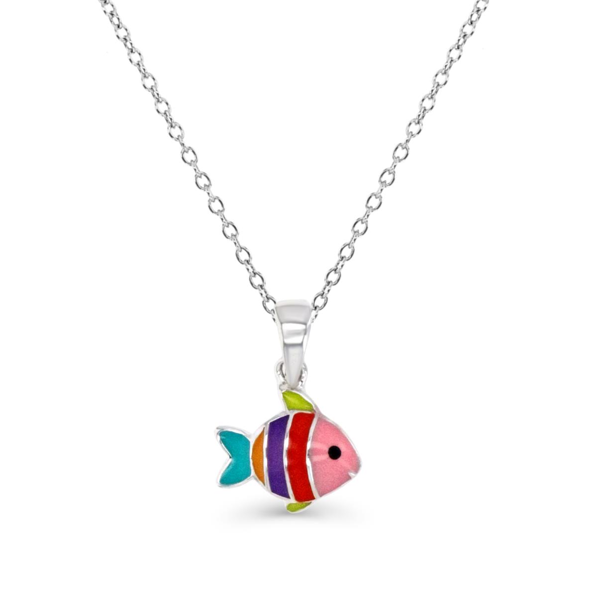 Sterling Silver Rhodium Multicolor Enamel Fish 18" Necklace