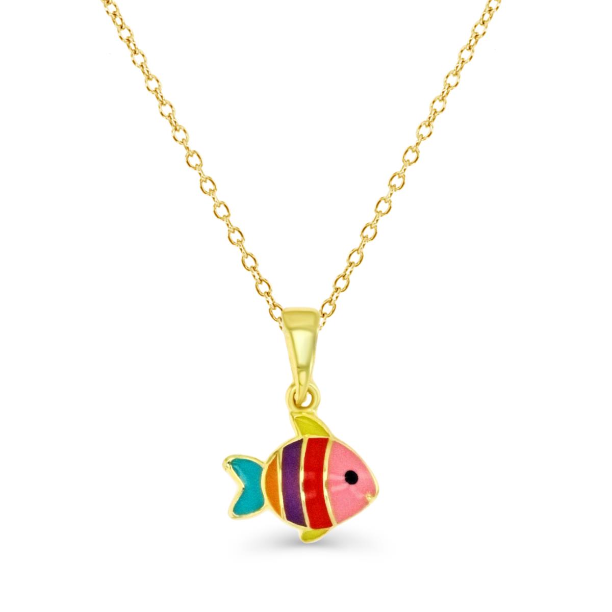 Sterling Silver Yellow 1M Multicolor Enamel Fish 18" Necklace
