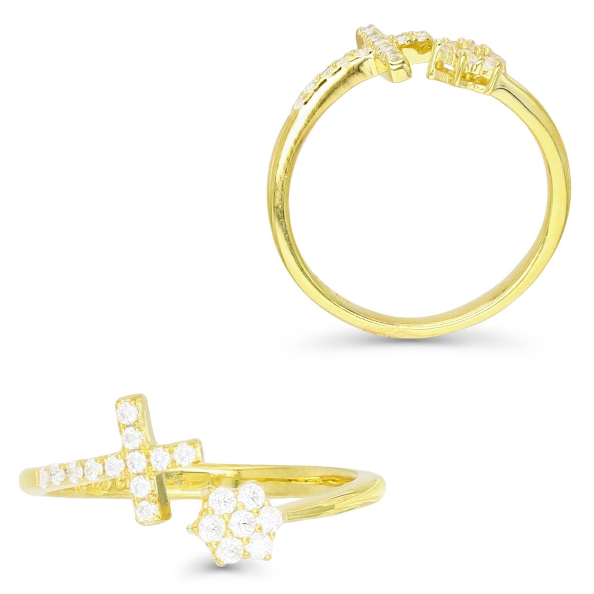 Sterling Silver Yellow 1M & White CZ Cross and Flower Open Ring