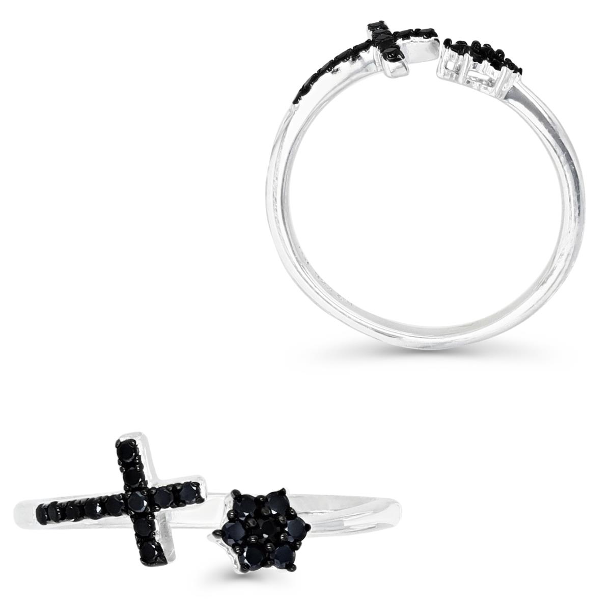 Sterling Silver Rhodium and Black & Black Spinel Cross and Flower Open Ring