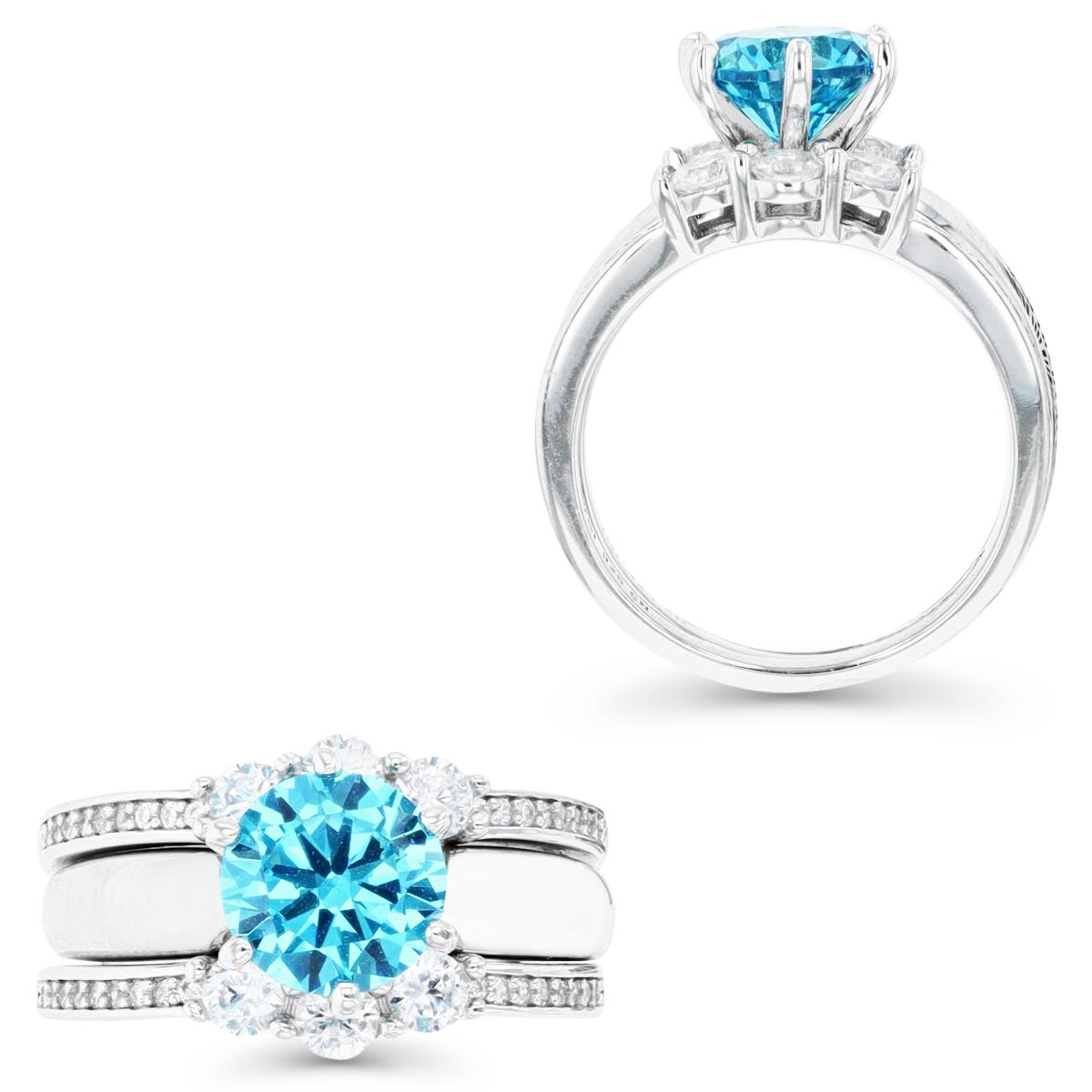 Sterling Silver Rhodium & 8MM Rd Ct. Med. Blue and White CZ Solitaire 2-in-1 Set Detachable Engagement Ring